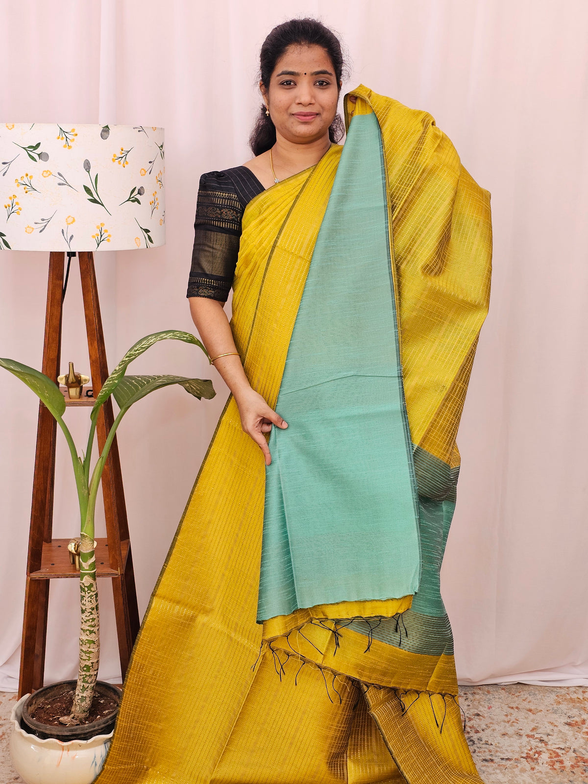Semi Raw Silk - Yellow with Sea Gree