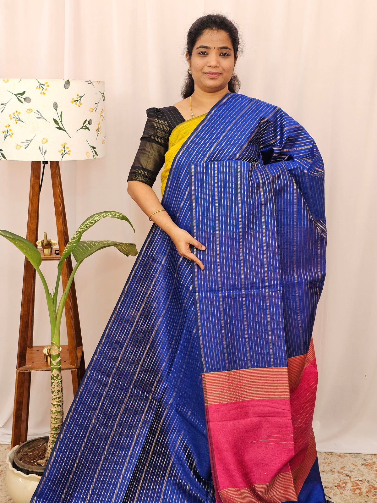 Semi Raw Silk - Blue with Pink