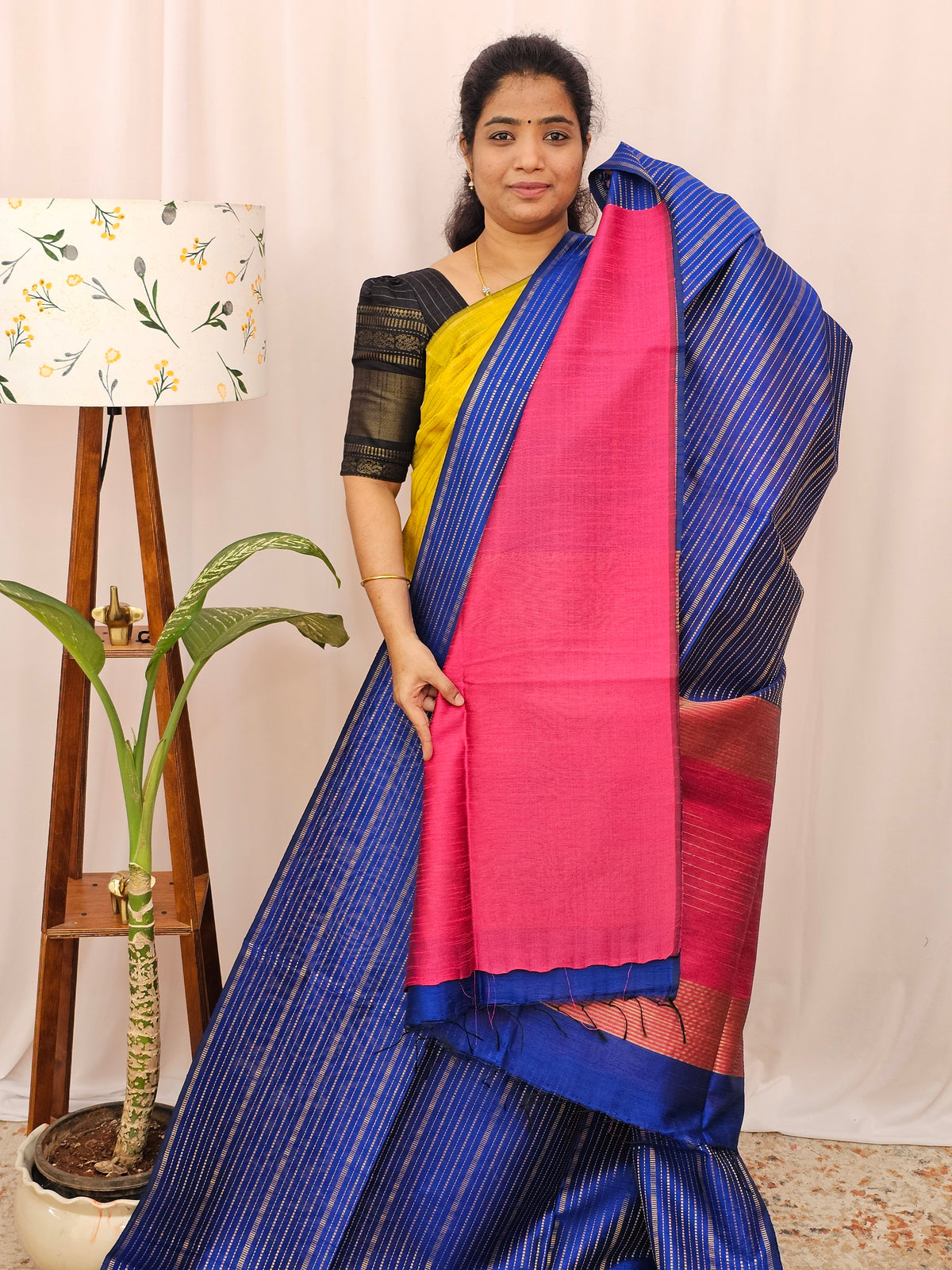 Semi Raw Silk - Blue with Pink