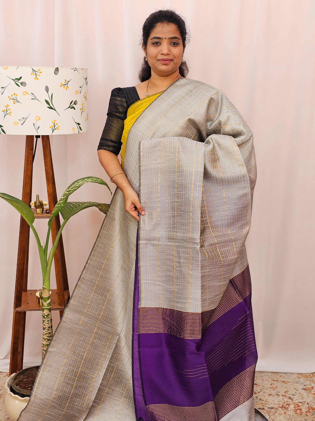 Semi Raw Silk - Pastel Grey with Purple