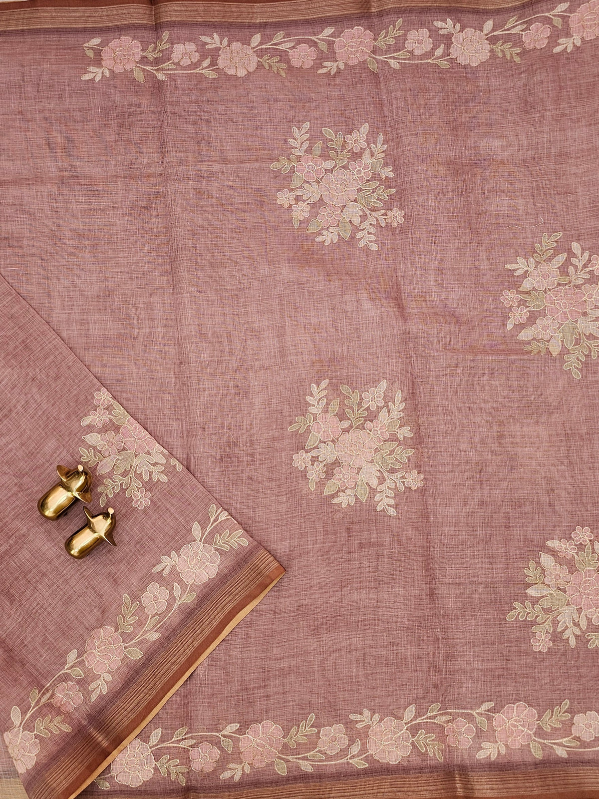 Linen Tissue with Aari Work - Onion Pink