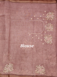 Linen Tissue with Aari Work - Onion Pink