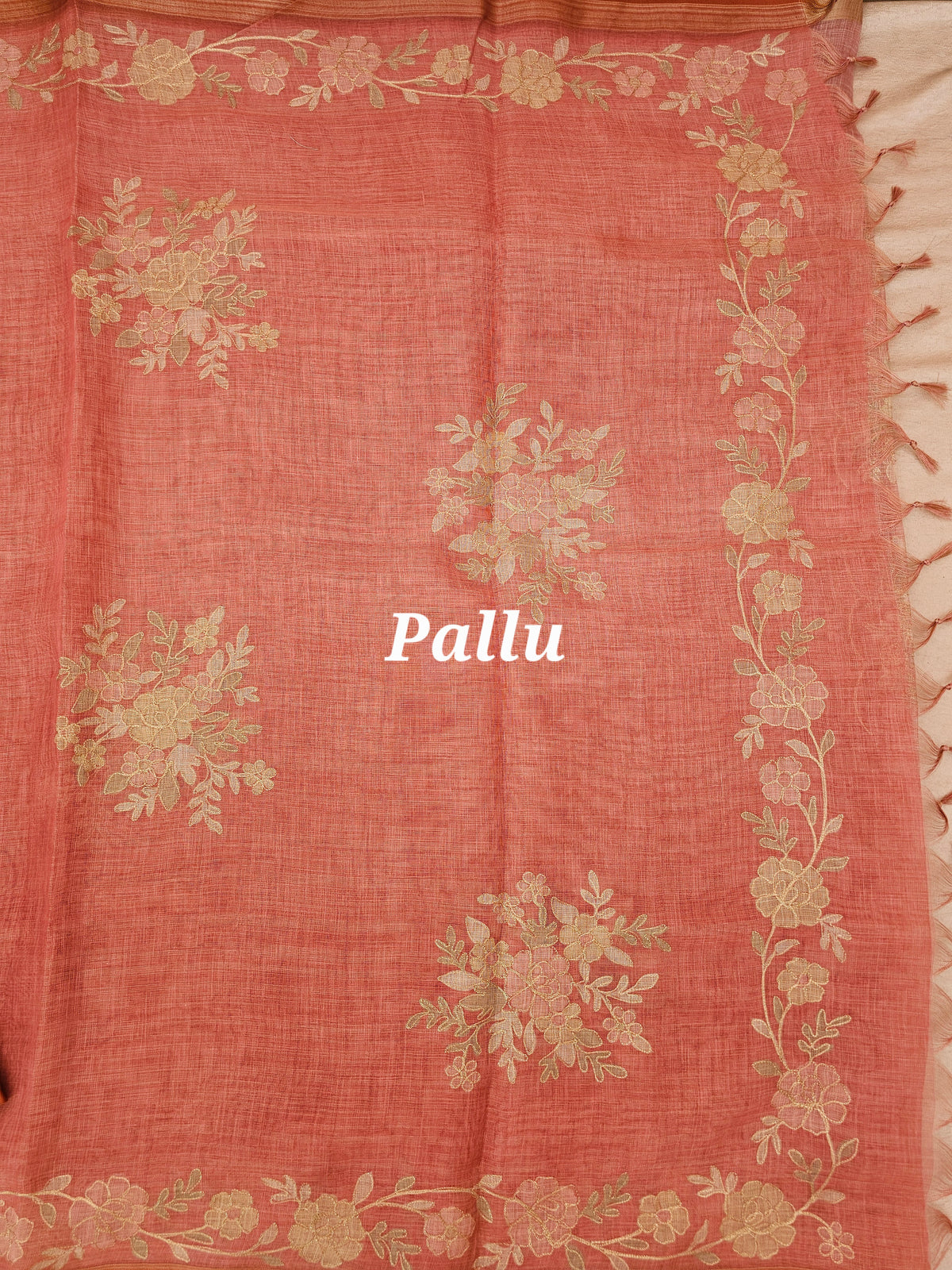 Linen Tissue with Aari Work - Peachish Pink