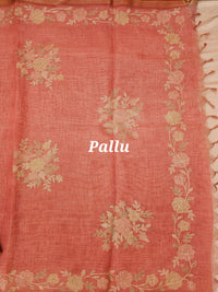Linen Tissue with Aari Work - Peachish Pink