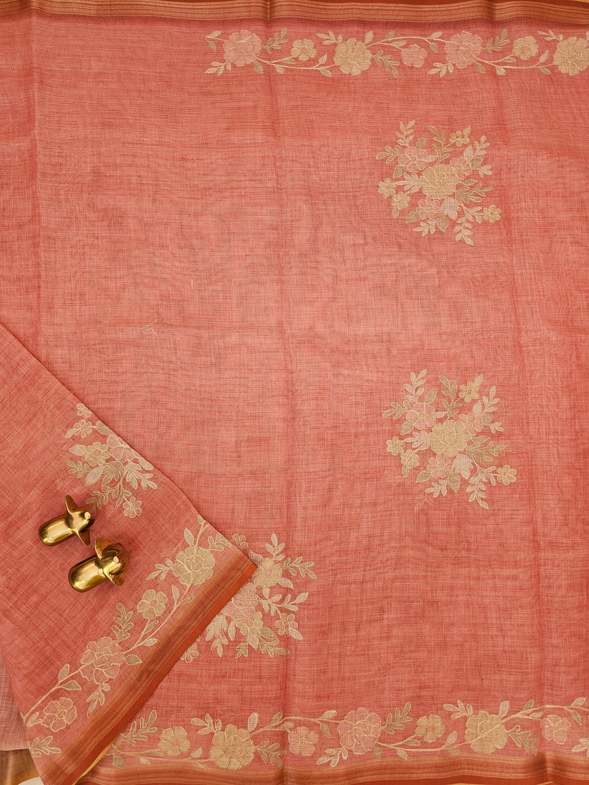 Linen Tissue with Aari Work - Peachish Pink