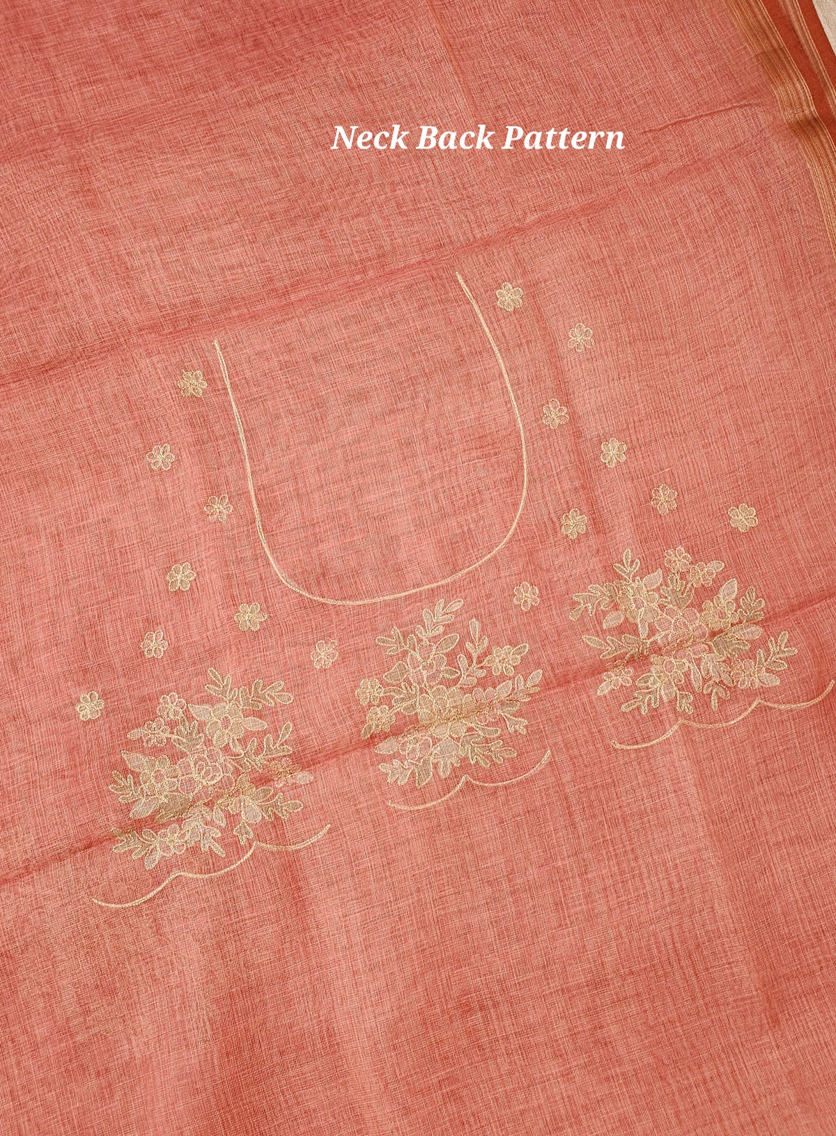 Linen Tissue with Aari Work - Peachish Pink