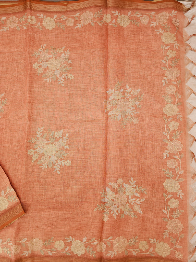Linen Tissue with Aari Work - Orange