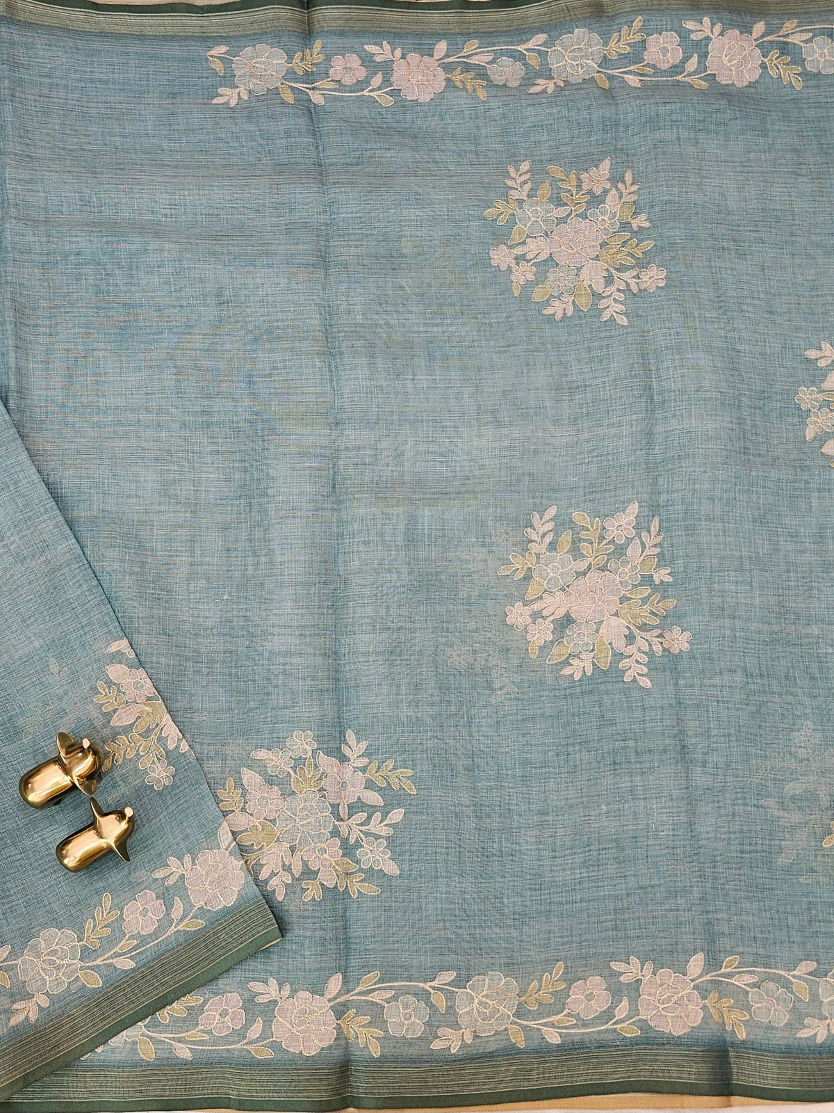 Linen Tissue with Aari Work - Blue