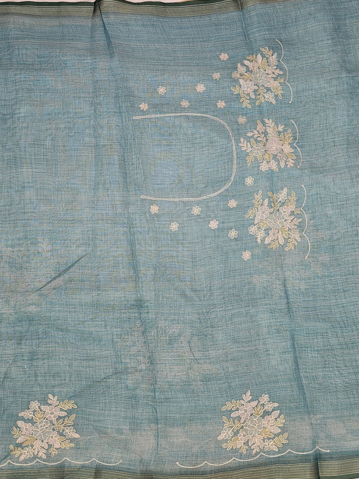 Linen Tissue with Aari Work - Blue
