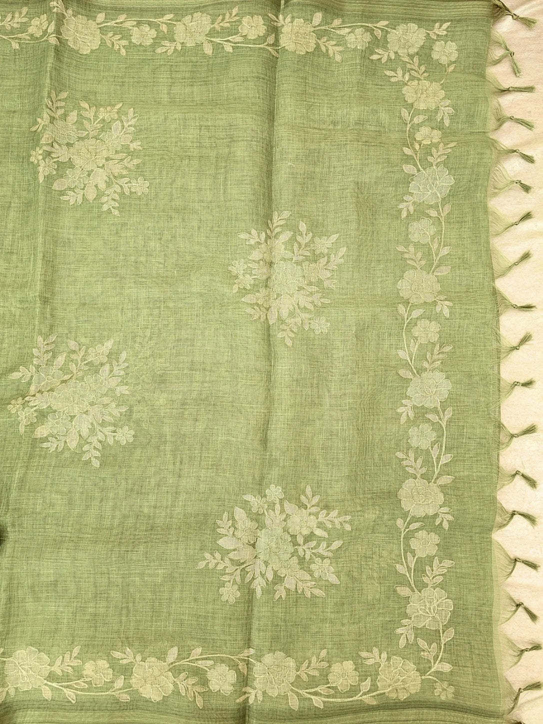 Linen Tissue with Aari Work - Green