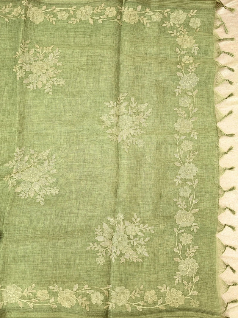Linen Tissue with Aari Work - Green