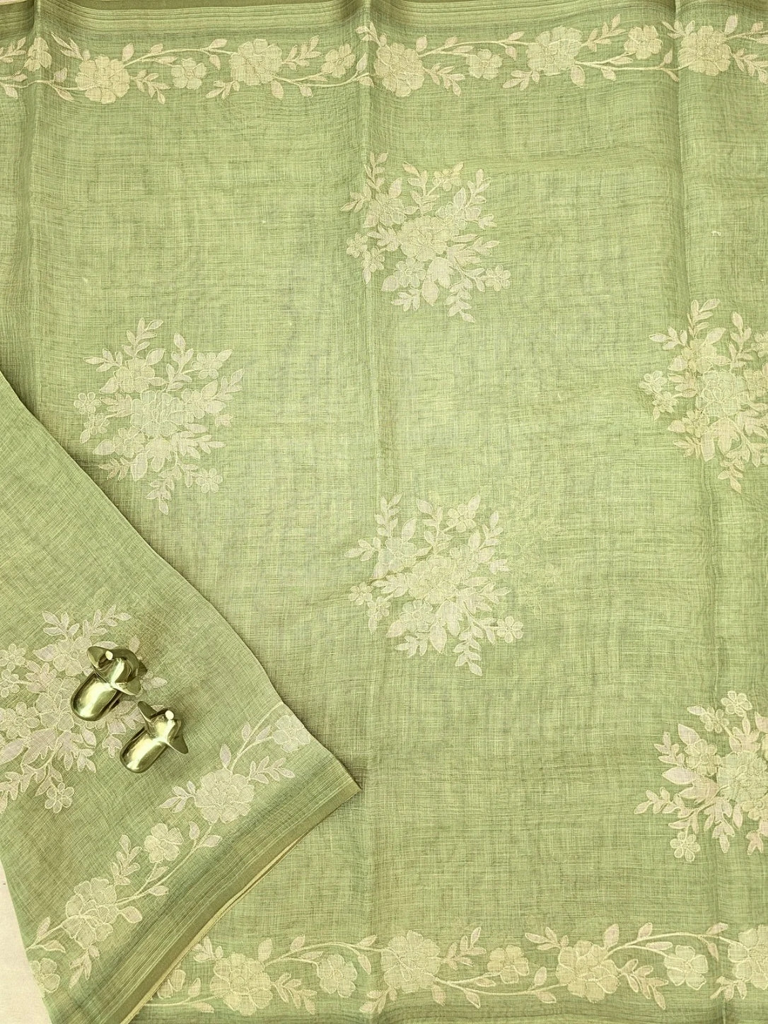 Linen Tissue with Aari Work - Green
