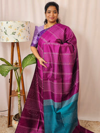 Semi Raw Silk Saree - Magenta Pink with Blue