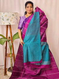 Semi Raw Silk Saree - Magenta Pink with Blue