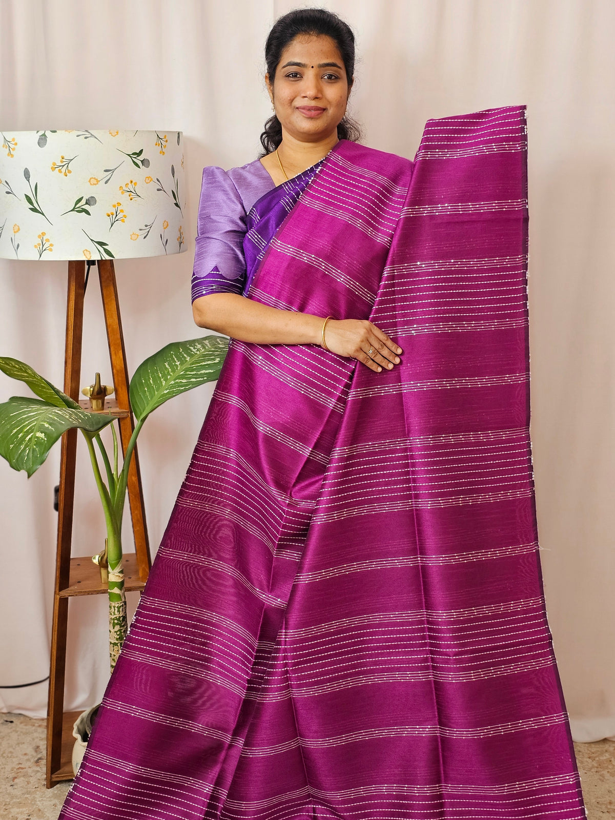 Semi Raw Silk Saree - Magenta  with Onion Pink