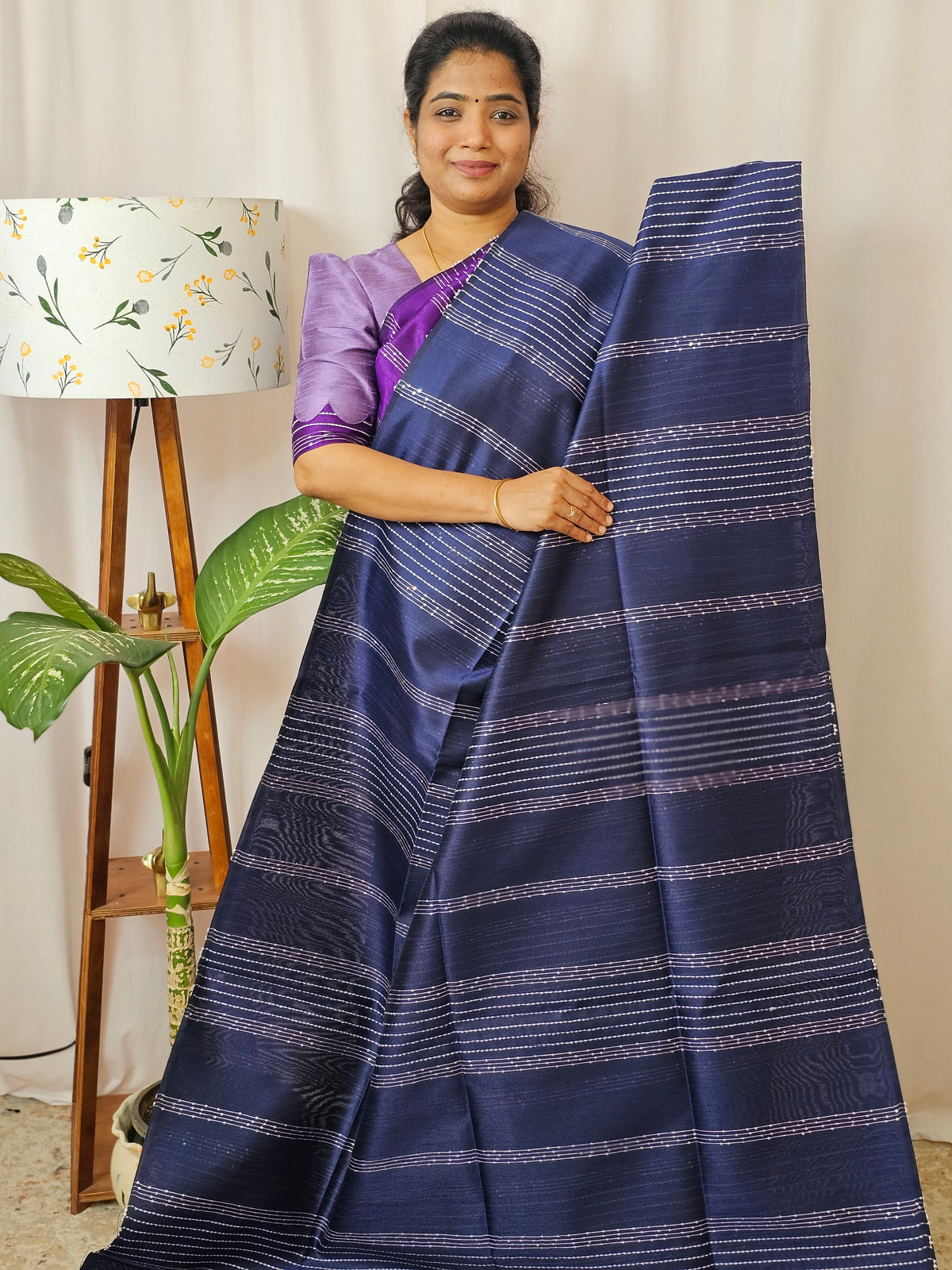 Raw Silk Saree - Navy Blue with Pastel Blue