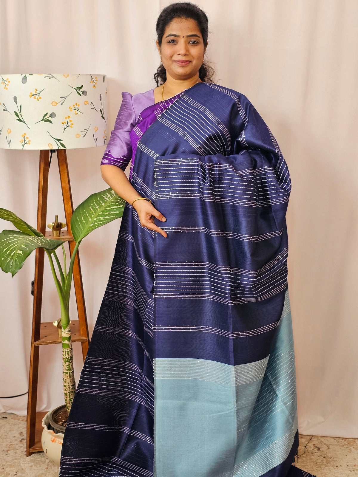Raw Silk Saree - Navy Blue with Pastel Blue