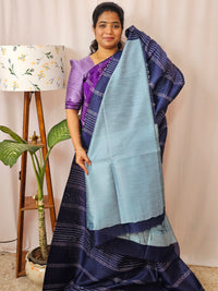 Raw Silk Saree - Navy Blue with Pastel Blue