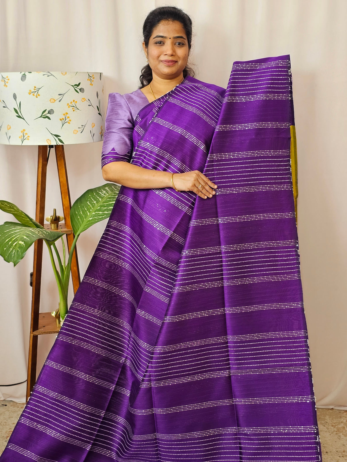 Semi Raw Silk Saree - Purple with Yellow