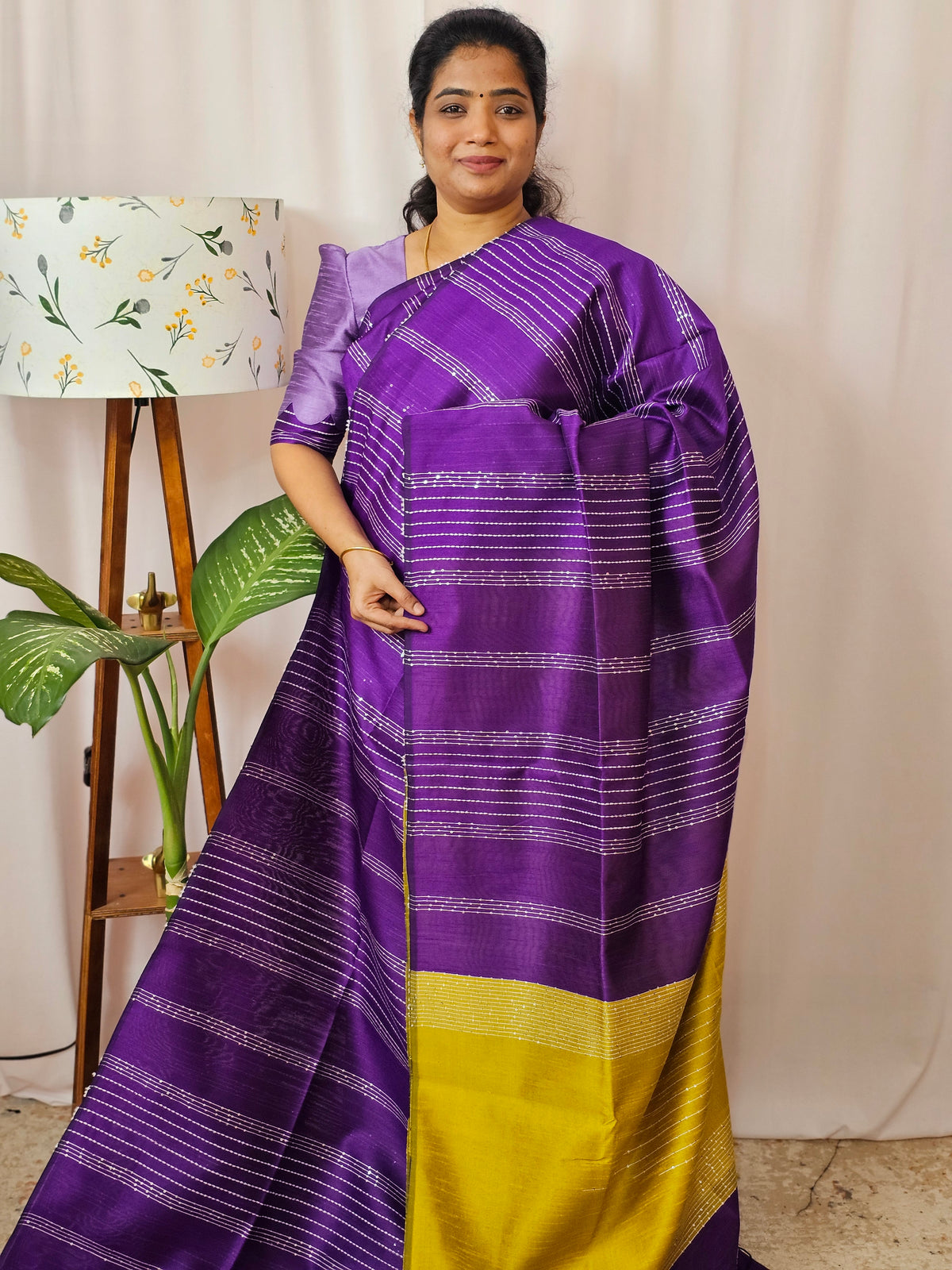 Semi Raw Silk Saree - Purple with Yellow