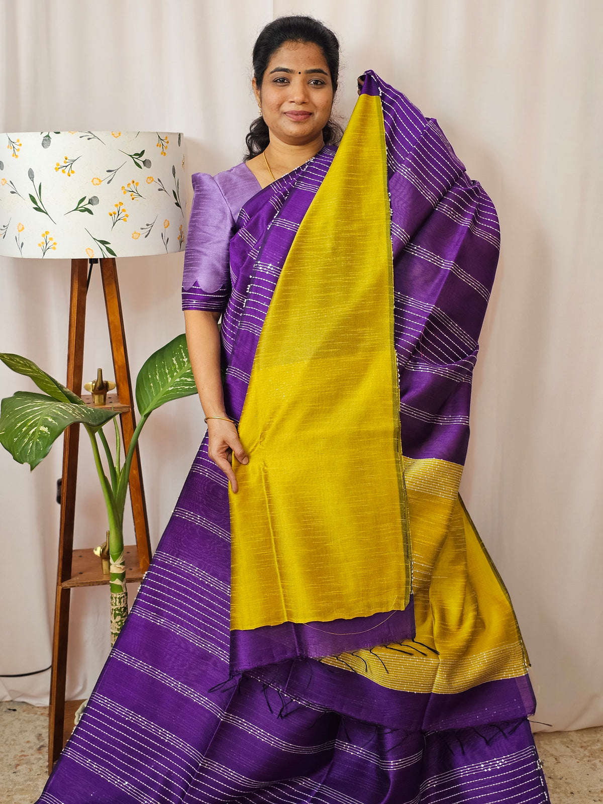 Semi Raw Silk Saree - Purple with Yellow