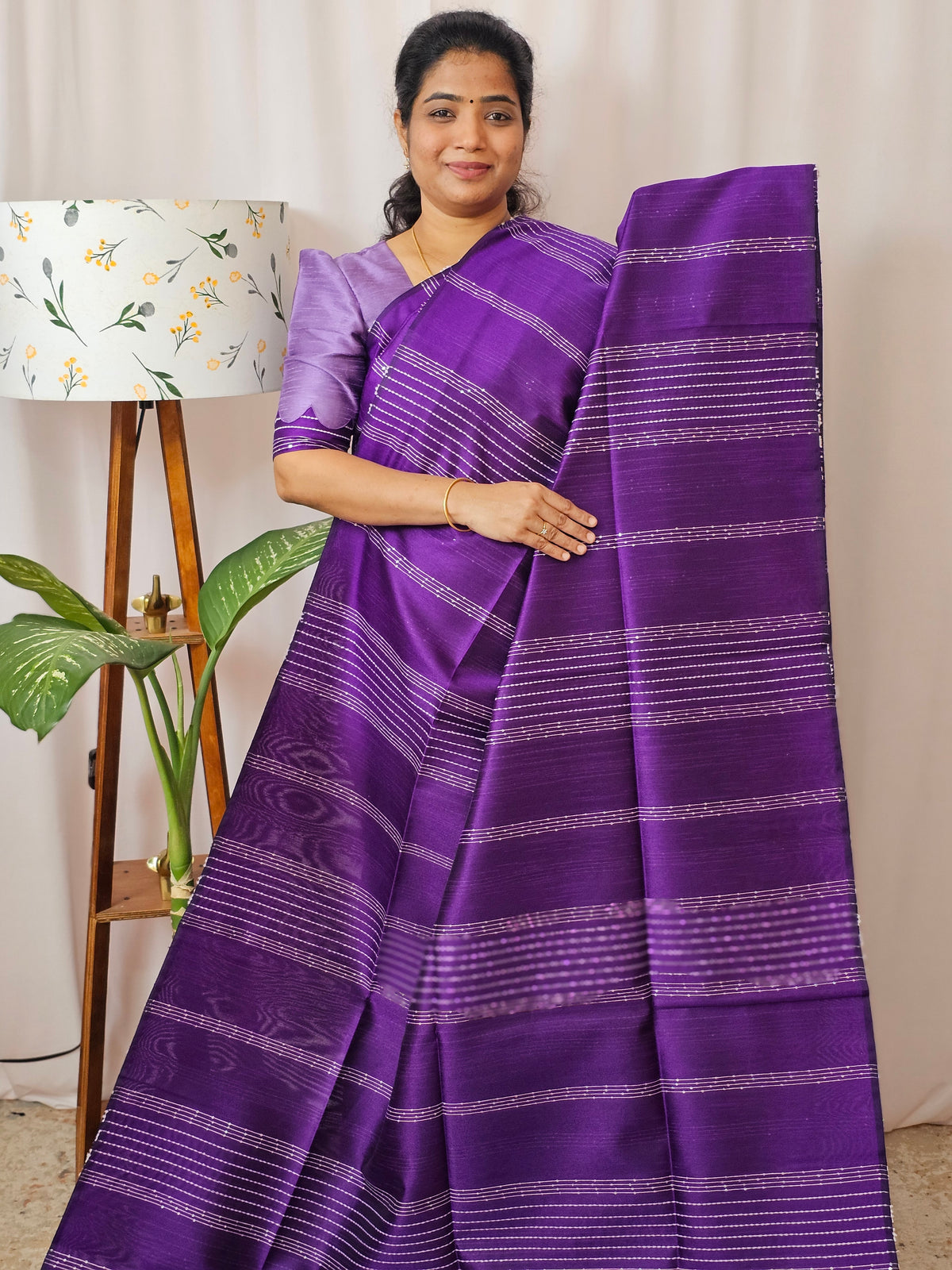 Semi Raw Silk Saree - Purple with Orange