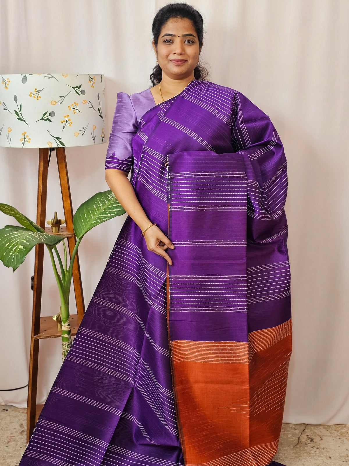 Semi Raw Silk Saree - Purple with Orange