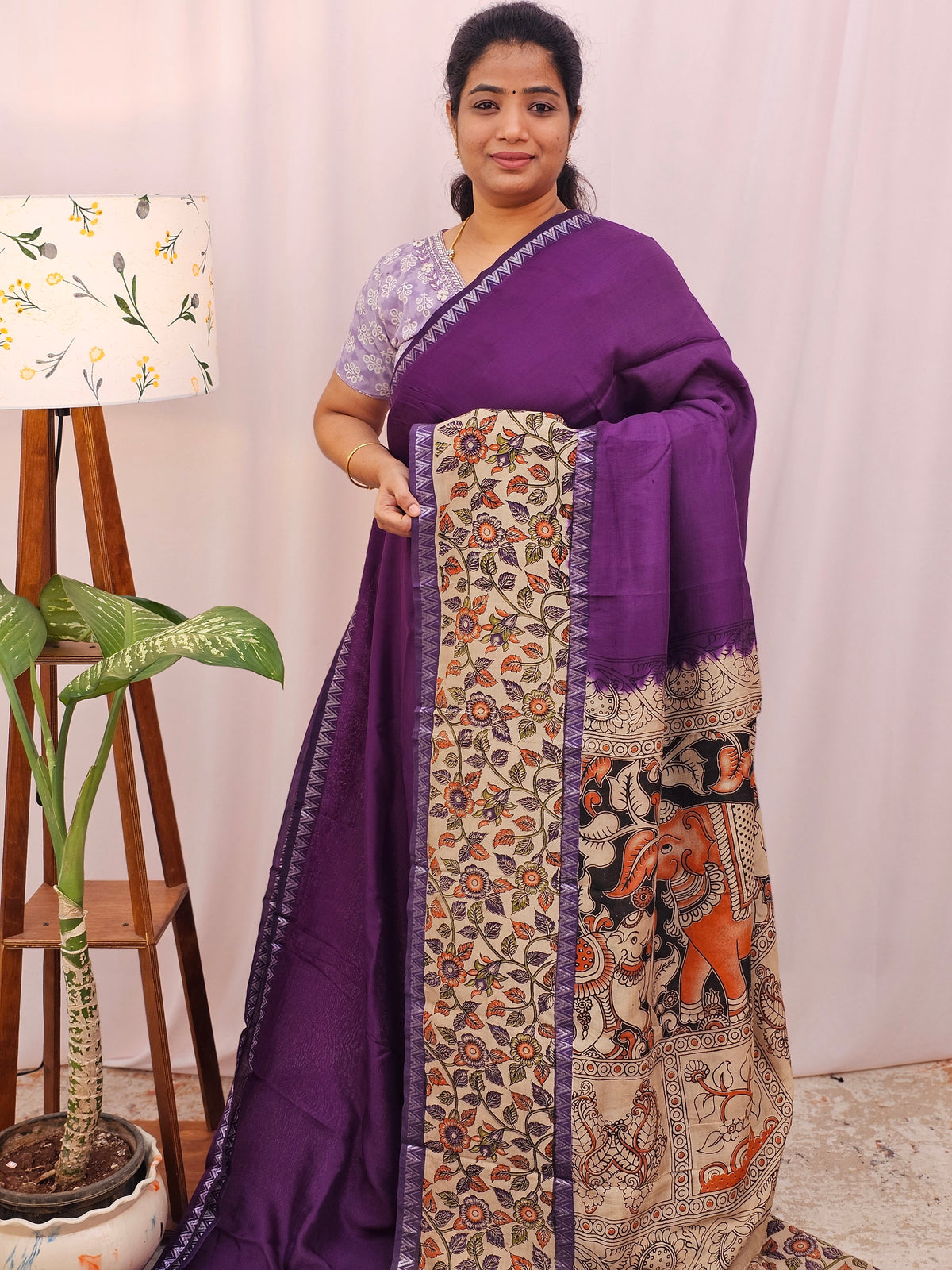Chennuri Silk With Gap Border Kalamkari Sarees - Purple