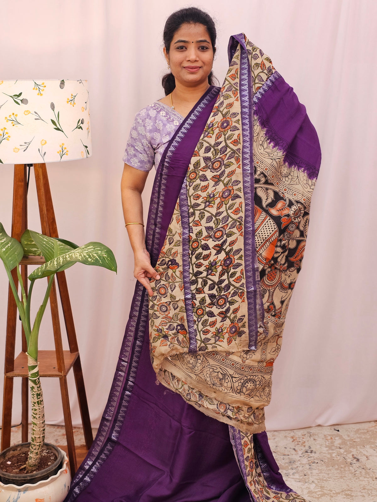 Chennuri Silk With Gap Border Kalamkari Sarees - Purple