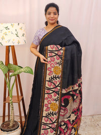 Chennuri Silk With Gap Border Kalamkari Sarees - Black