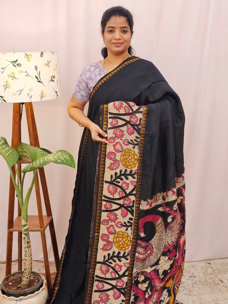 Chennuri Silk With Gap Border Kalamkari Sarees - Black