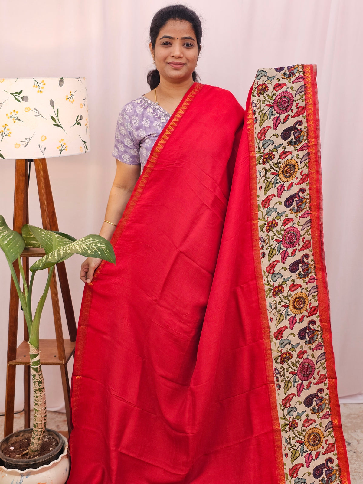Chennuri Silk With Gap Border Kalamkari Sarees - Red