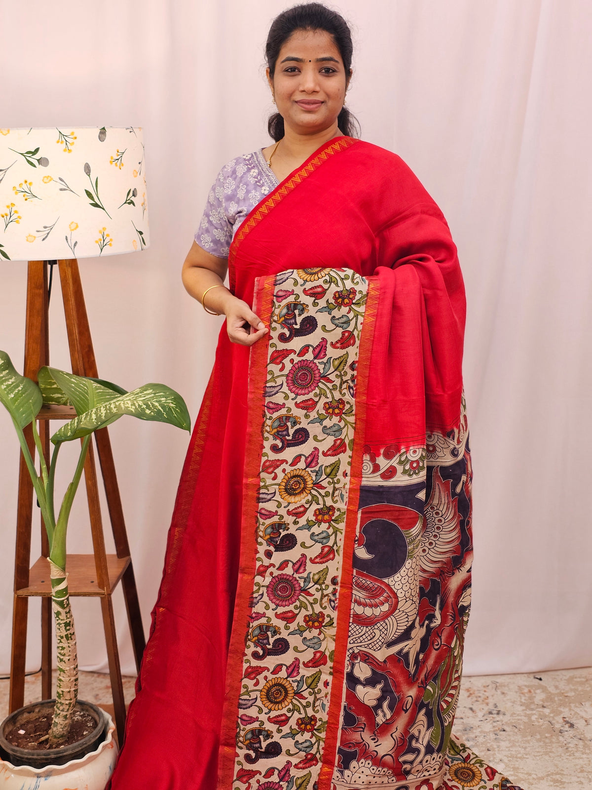 Chennuri Silk With Gap Border Kalamkari Sarees - Red