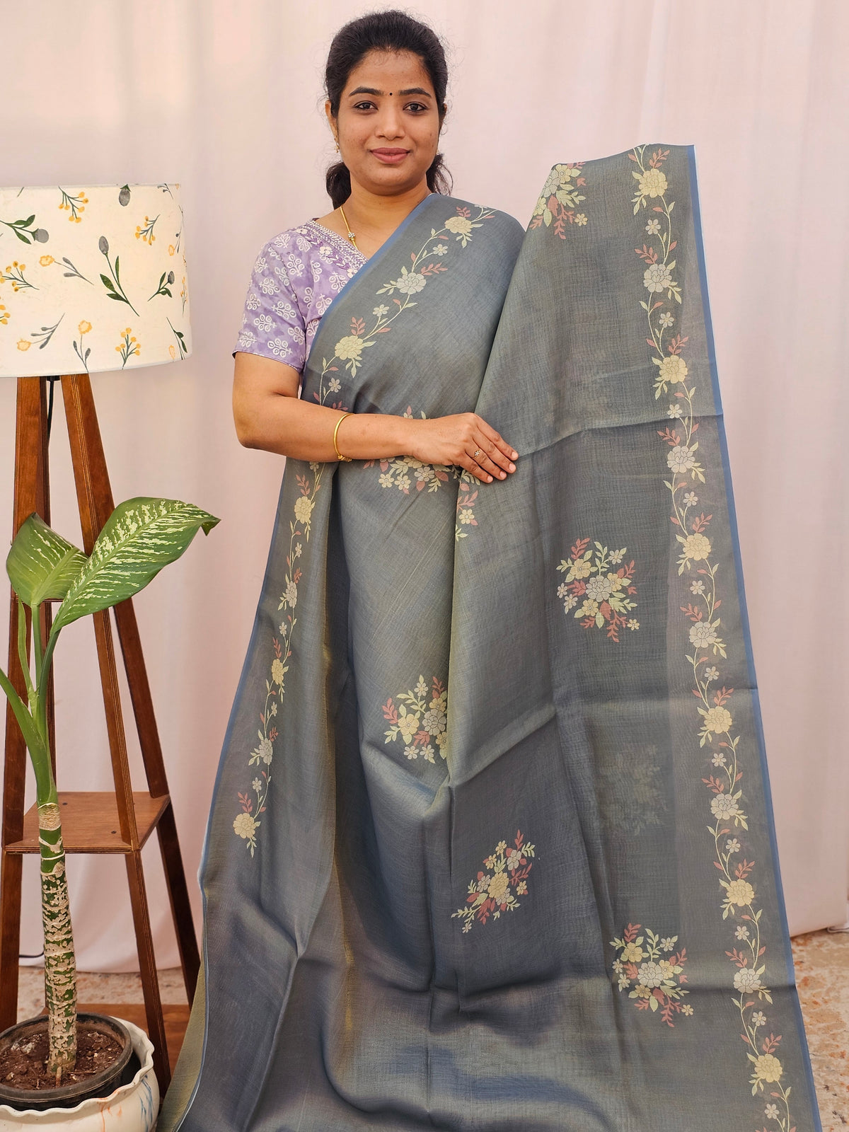 Linen Tissue with Zari Weaving Digital Printed Sarees - Grey