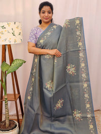 Linen Tissue with Zari Weaving Digital Printed Sarees - Grey