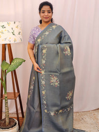 Linen Tissue with Zari Weaving Digital Printed Sarees - Grey