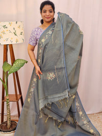 Linen Tissue with Zari Weaving Digital Printed Sarees - Grey
