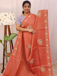 Linen Tissue with Zari Weaving Digital Printed Sarees - Rust Orange