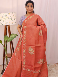 Linen Tissue with Zari Weaving Digital Printed Sarees - Rust Orange