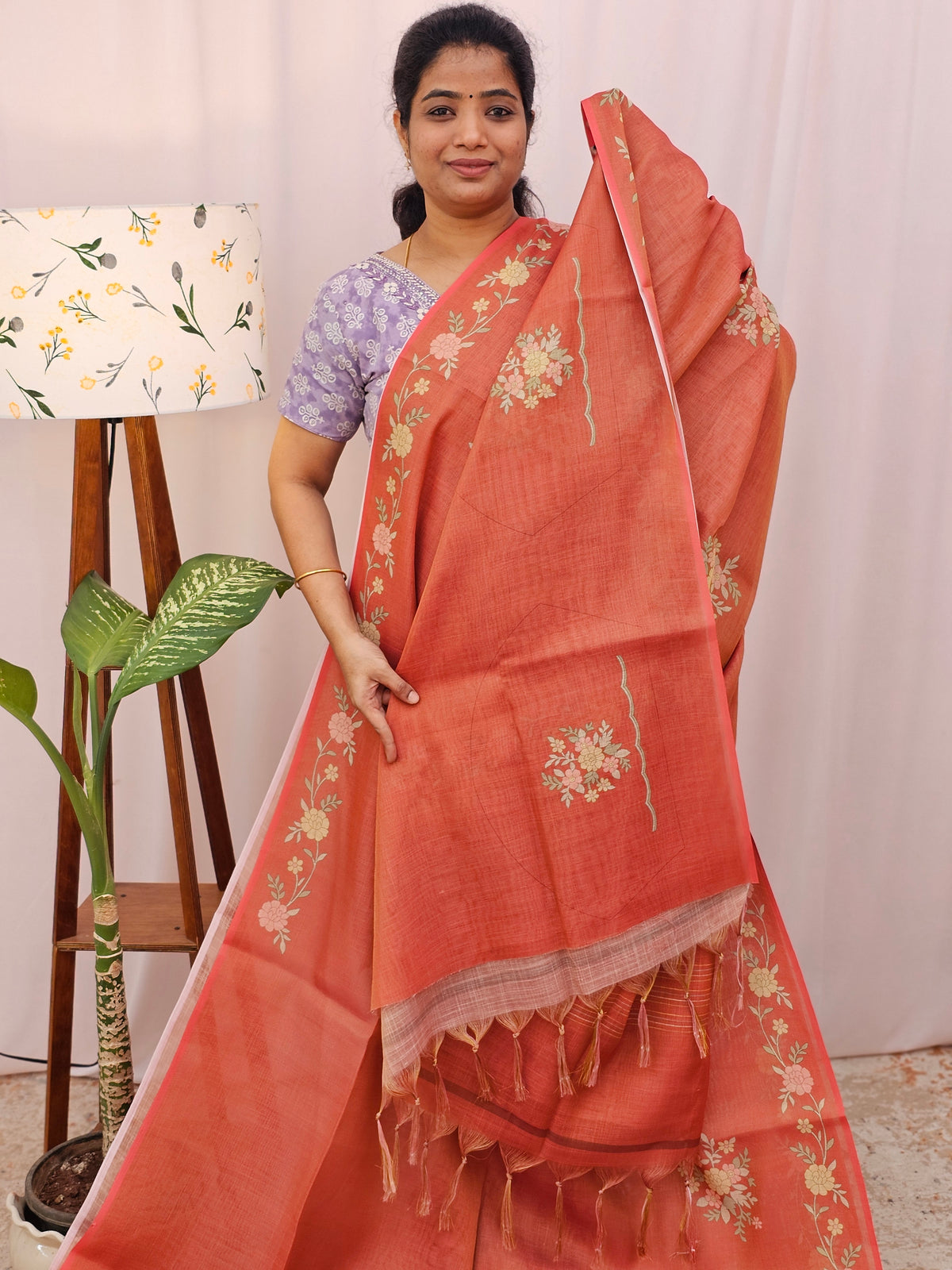 Linen Tissue with Zari Weaving Digital Printed Sarees - Rust Orange