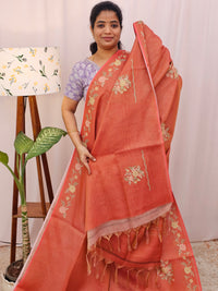 Linen Tissue with Zari Weaving Digital Printed Sarees - Rust Orange