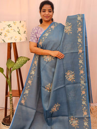 Linen Tissue with Zari Weaving Digital Printed Sarees - Blue