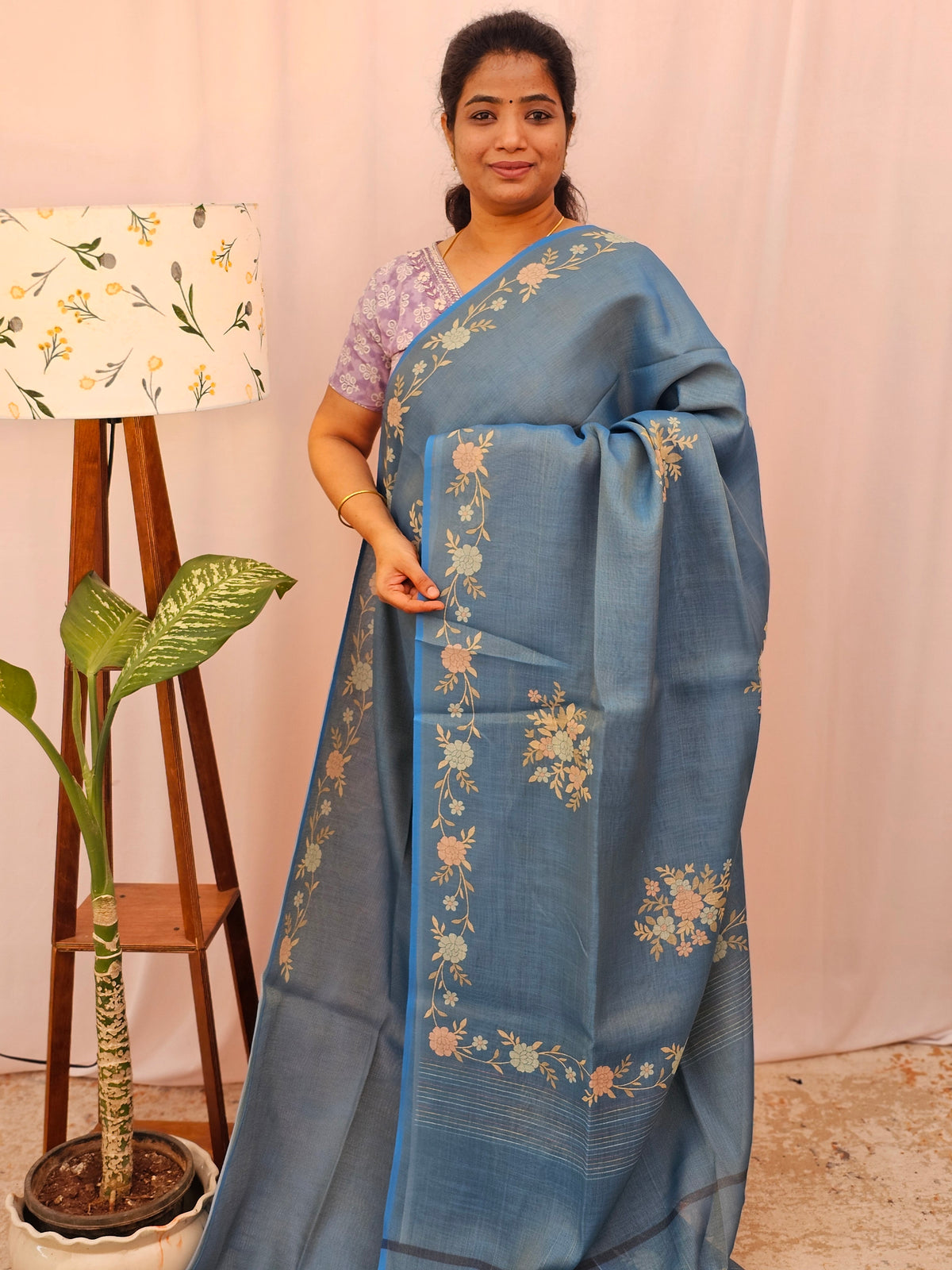 Linen Tissue with Zari Weaving Digital Printed Sarees - Blue