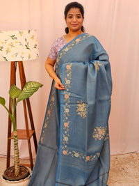 Linen Tissue with Zari Weaving Digital Printed Sarees - Blue