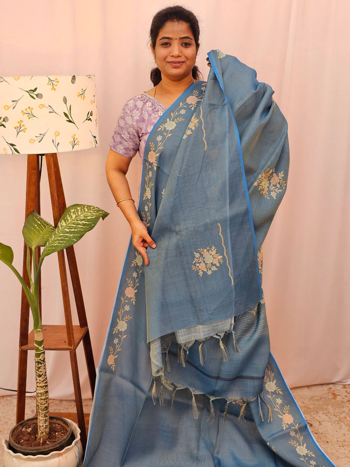 Linen Tissue with Zari Weaving Digital Printed Sarees - Blue