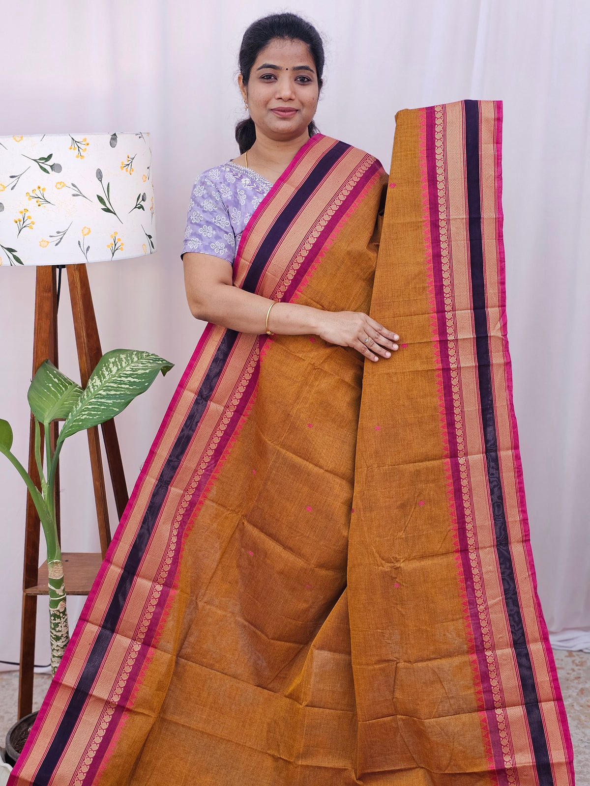 Kanchi Cotton Saree - Brown with Magenta pink