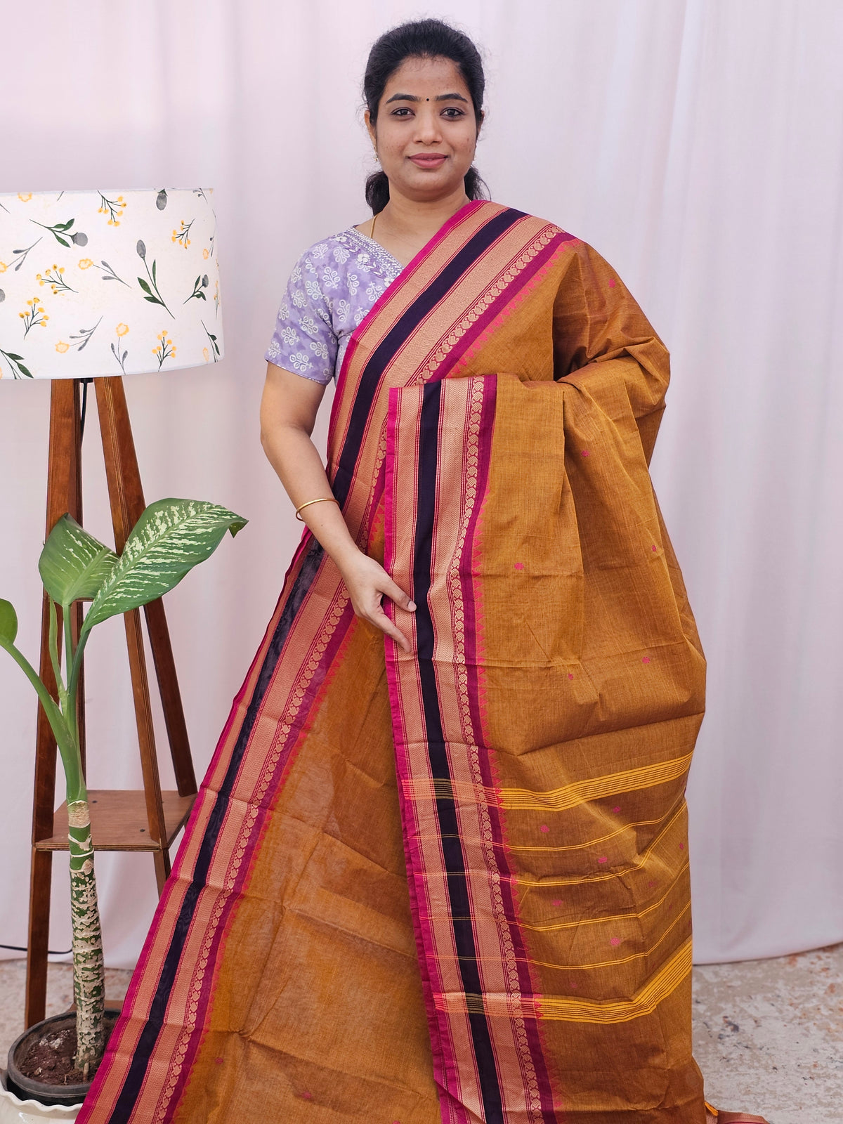 Kanchi Cotton Saree - Brown with Magenta pink