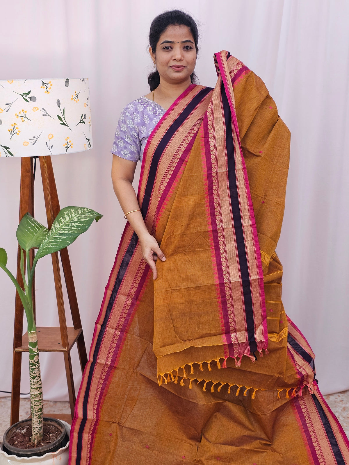 Kanchi Cotton Saree - Brown with Magenta pink