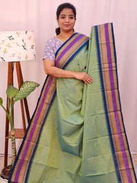 Kanchi Cotton Saree - Green with Peacock Blue