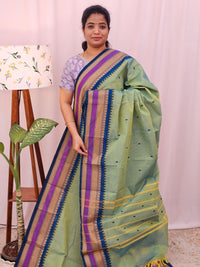 Kanchi Cotton Saree - Green with Peacock Blue